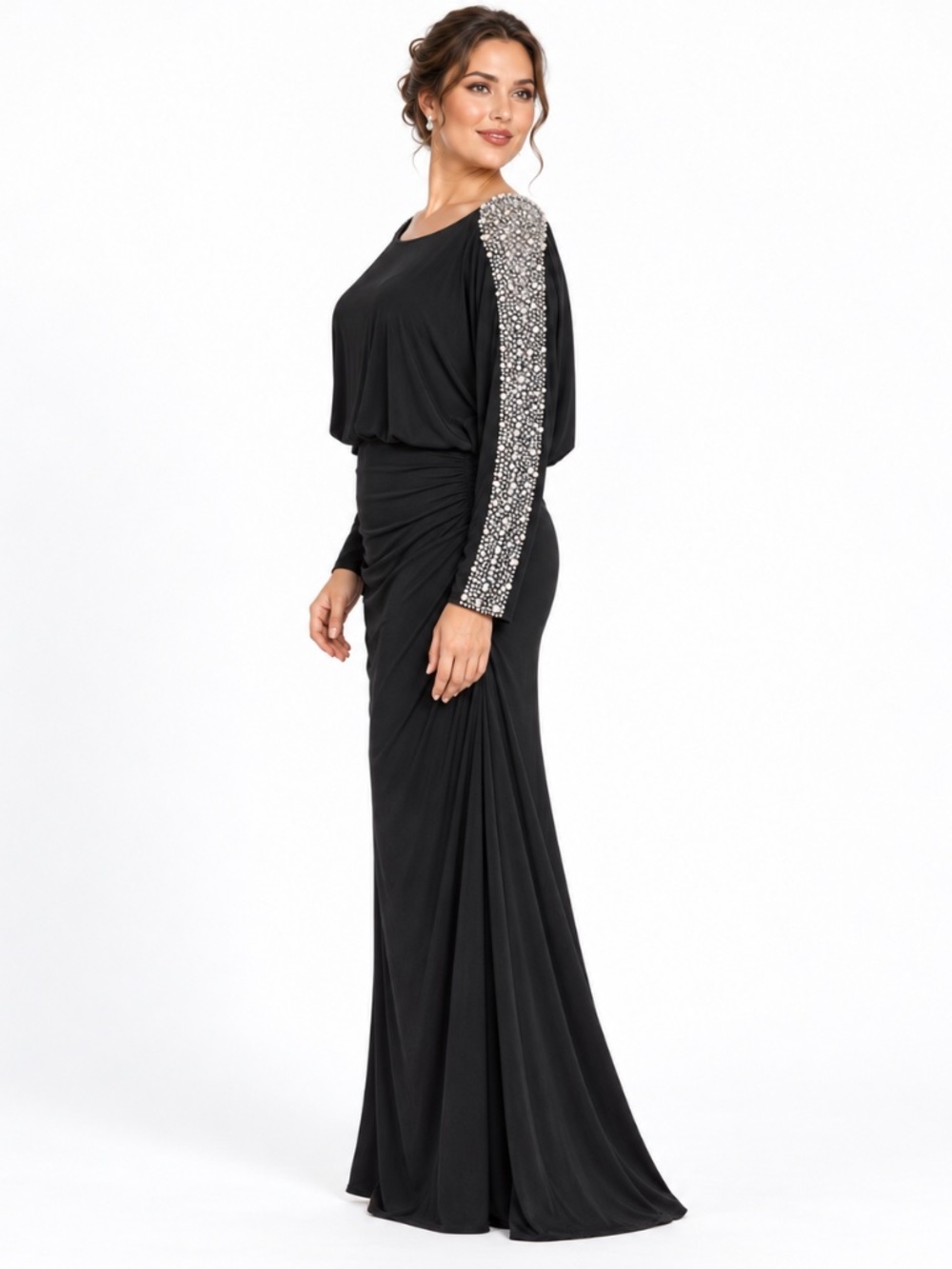 Betsy & Adam - Black Gown With Beaded Long Sleeves